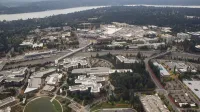 The redevelopment of the Microsoft campus, the company's headquarters in Redmond, Washington, as seen from a plane flying to the east.