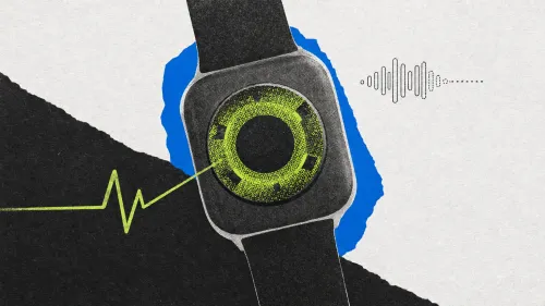 Collage de un reloj visto por detrás, con un anillo verde, un trazo de pulso, una onda de audio discontinua y un recorte azul.