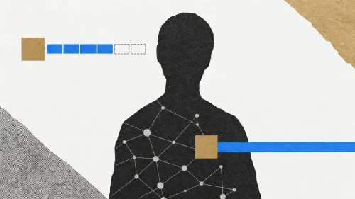 Silueta humana oscura con una red de nodos en el torso, una secuencia azul incompleta a la izquierda y una banda azul continua conectada a un cuadrado ocre sobre el pecho.