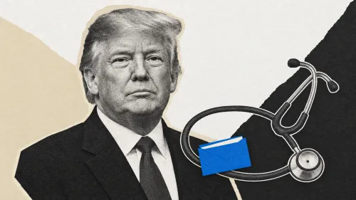 Collage de Donald Trump en blanco y negro junto a un estetoscopio y un sobre azul con papel blanco, sobre planos claros y oscuros.