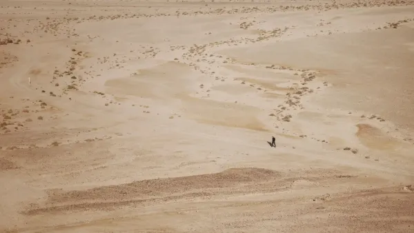 Una figura solitaria camina a través de un vasto paisaje desértico, enfatizando la soledad y la extensión de la naturaleza.