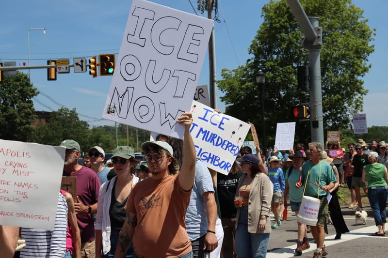 Protesters gather in Biddeford after a man was fatally shot by ICE agents on Monday. (Photo by Emma Davis/Maine Morning Star)