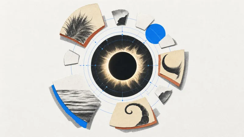 Eclipse solar rodeado por órbitas azules y doce recortes de papel, cuatro con motivos de melena, cuernos, ondas y cola curva.