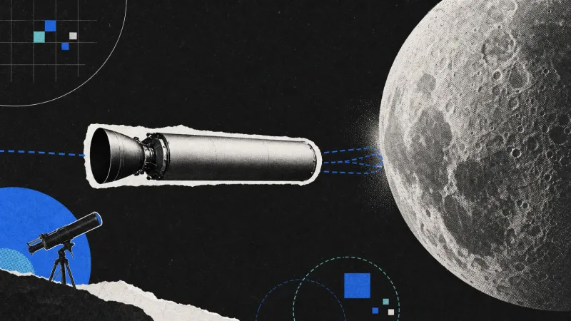 Collage en blanco y negro de una etapa de cohete frente a una gran Luna, con líneas azules de trayectoria y un telescopio en la esquina inferior izquierda.