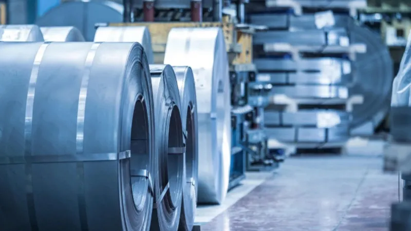 Close-up of coiled metal sheets in an industrial factory. Precision engineering materials.