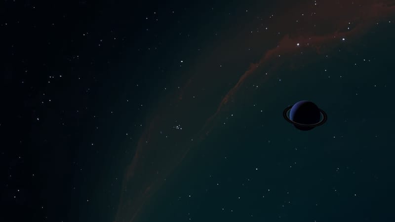 A breathtaking celestial scene featuring a distant ringed planet set against a night sky filled with stars.