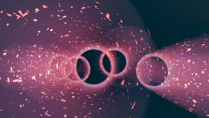 A mesmerizing abstract digital render of a tunnel with pink particle effects and circular forms.