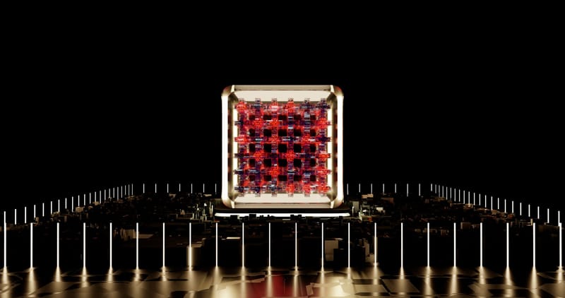 Abstract representation of a futuristic digital processor with glowing elements.