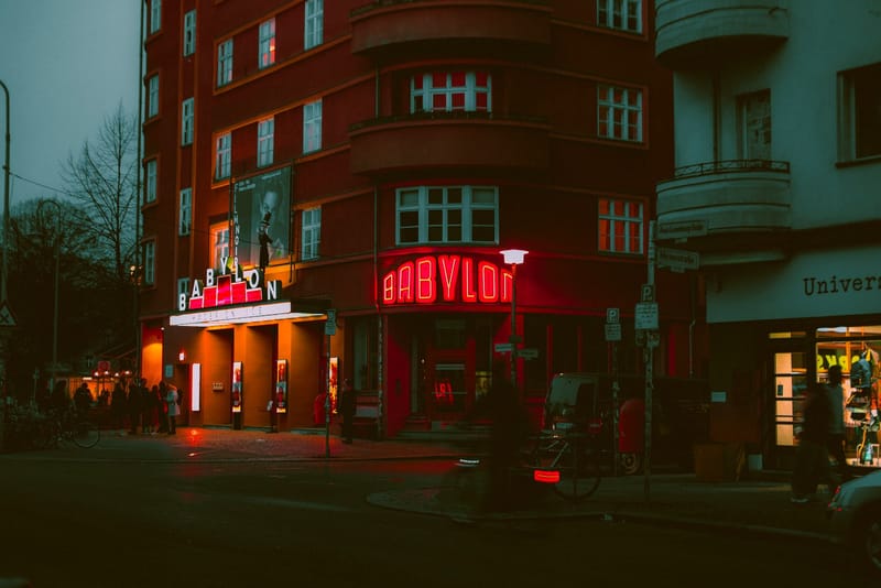 Captivating night scene of the iconic Babylon Theater in Berlin, Germany.