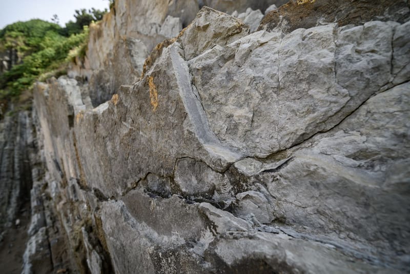 Close-up of a rugged cliff face with geological strata visible in País Vasco, Spain.