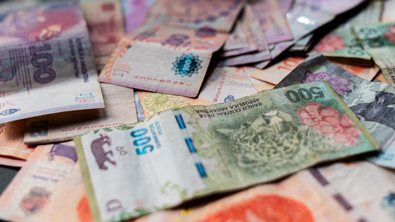A detailed image showcasing various Argentine peso banknotes in vivid colors.