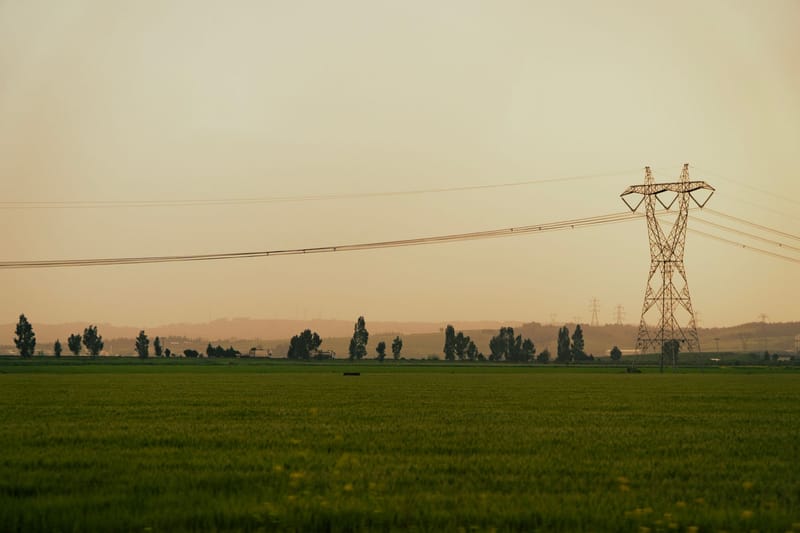 Vast green field with high-voltage power lines silhouetted against a dusk sky, capturing serene rural landscapes.