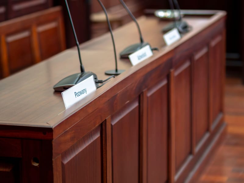 Empty courtroom desk with microphones and nameplates in a Polish court setting.