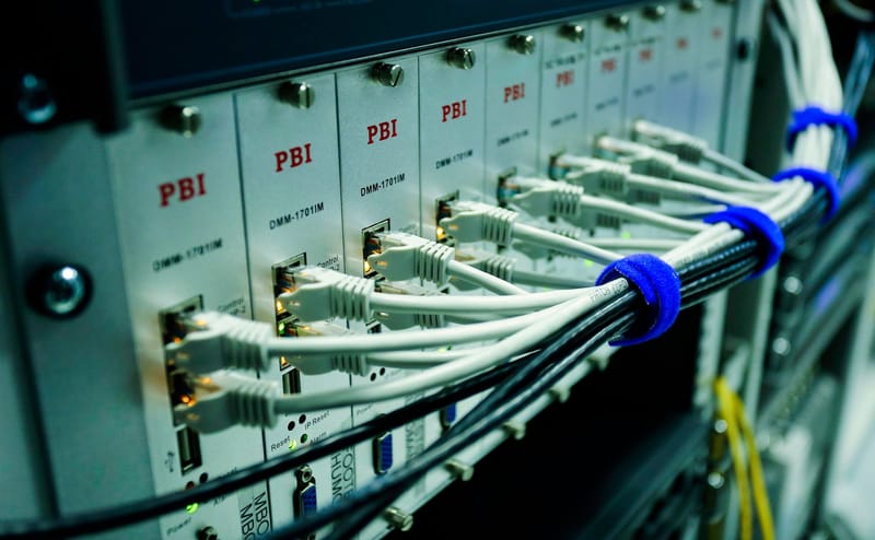 Close-up of ethernet cables connected to a network switch panel in a data center.