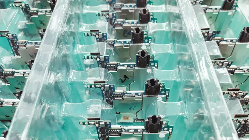 Detailed view of organized electronic circuit boards in a production setting.