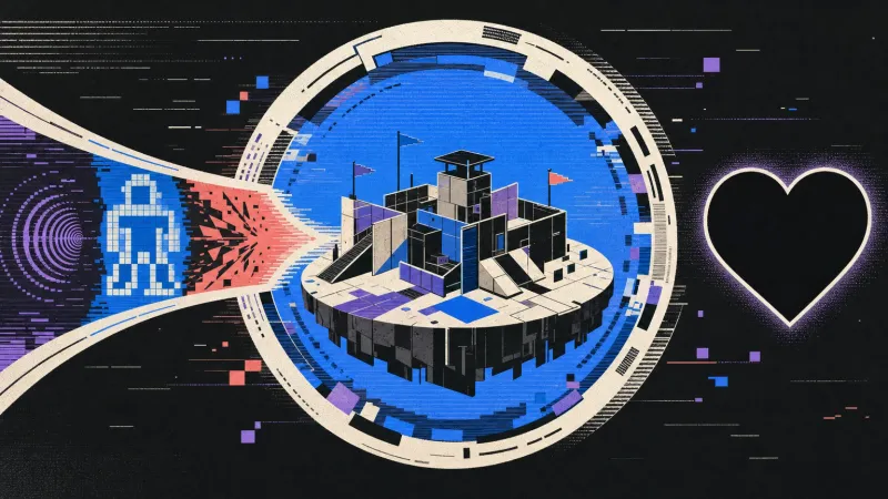 Una fortaleza geométrica sobre una isla circular aparece dentro de un portal azul, con un icono humano pixelado y un estallido a la izquierda y un corazón vacío a la derecha.