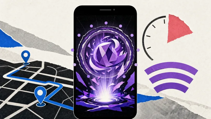 Un teléfono negro muestra un remolino violeta abstracto, acompañado por una ruta con dos marcadores, un arco de reloj y tres bandas curvas.