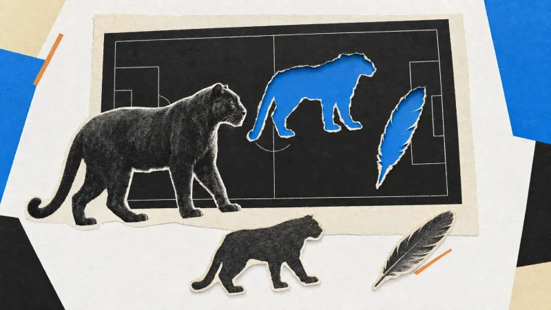 Collage de un campo de fútbol con huecos azules de pantera y pluma, dos recortes de panteras y una pluma sobre papel claro.