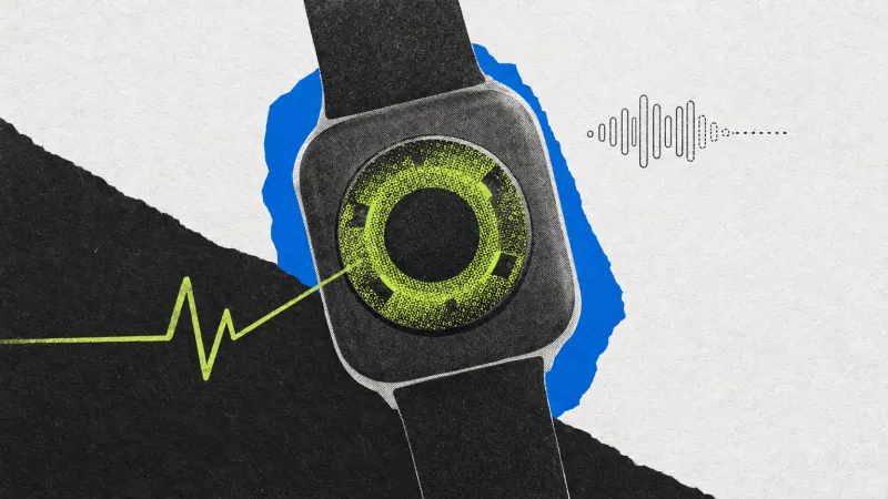 Collage de un reloj visto por detrás, con un anillo verde, un trazo de pulso, una onda de audio discontinua y un recorte azul.