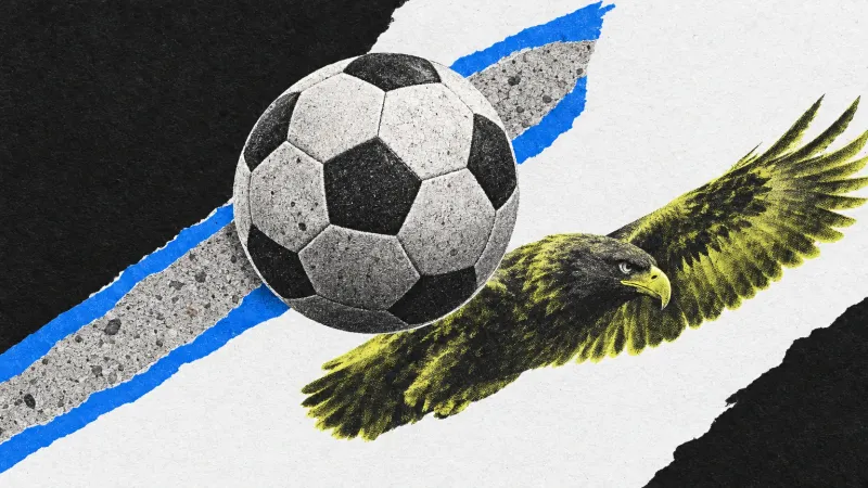 Collage de un balón sobre una franja diagonal de cemento bordeada de azul, junto a un águila amarilla con las alas extendidas.