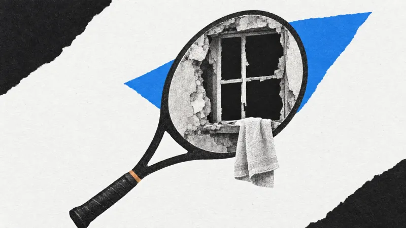 Collage de una raqueta cuyo aro contiene una ventana deteriorada con una toalla colgante, sobre papel claro con recortes negros y azules.