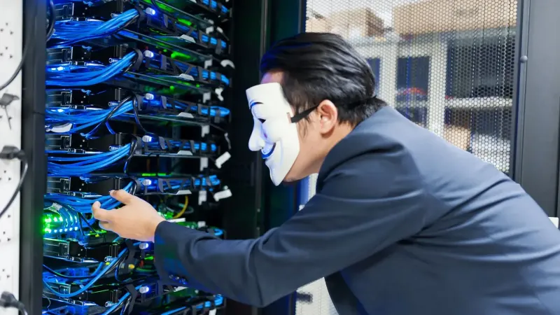 Individuo enmascarado interactuando con racks de servidores, simbolizando amenazas de ciberseguridad.