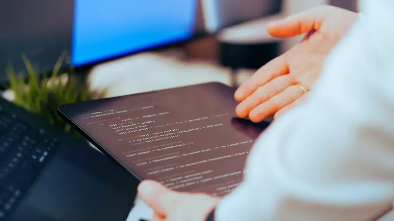 Desarrollador de software que analiza el código en una tableta en un espacio de trabajo de oficina moderno.