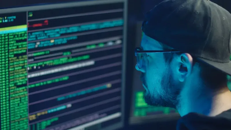 Un experto en ciberseguridad inspeccionando líneas de código en varios monitores en una oficina con poca luz.