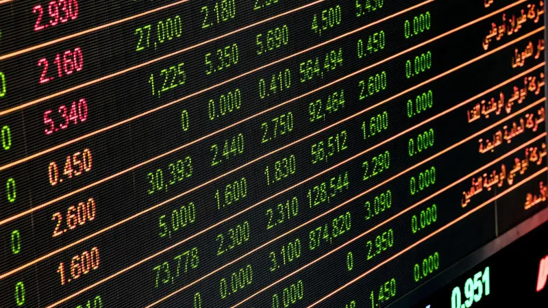 Detailed view of a stock market screen showing numbers and data, symbolizing financial trading.
