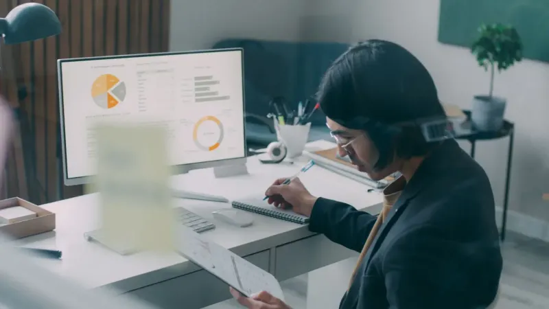 Business person reviewing analytics and charts at a modern office desk.