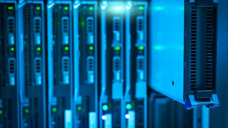 Detailed view of a server rack with a focus on technology and data storage.