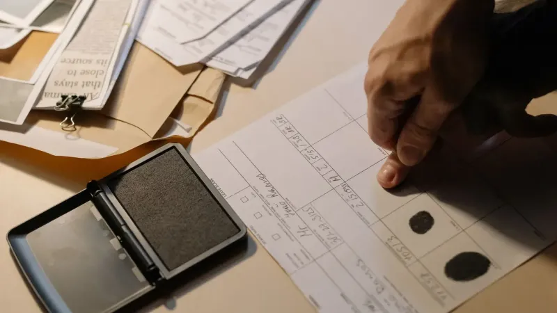 Detailed view of a hand taking fingerprints on a document with ink pad on desk.