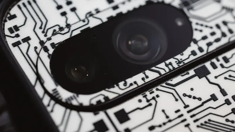 Macro shot of an electronic circuit design around a smartphone camera lens, showing intricate details.