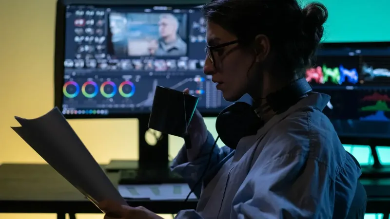 A concentrated editor sipping tea while reviewing papers in a modern editing studio.