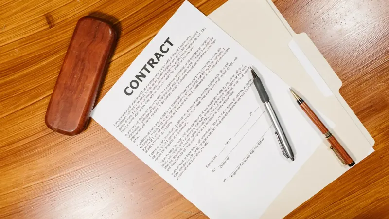 Vista de ángulo alto de un documento de contrato con bolígrafos y un estuche sobre una mesa de madera.