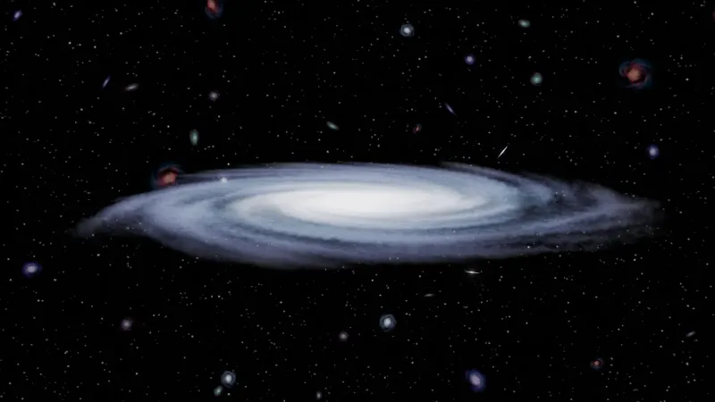 Illustration of a spiral galaxy surrounded by stars and galaxies in deep space, showcasing cosmic beauty.
