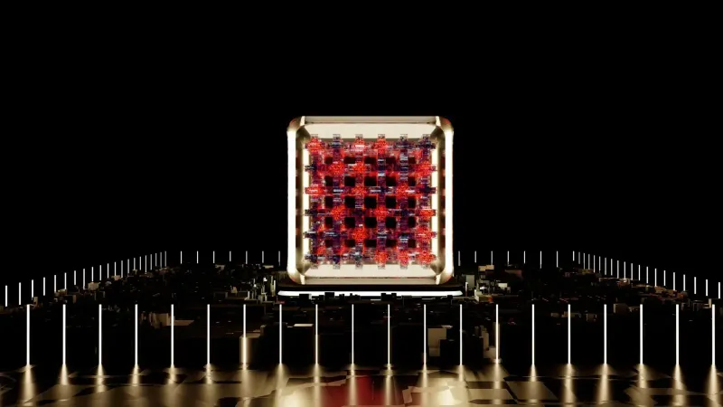 Abstract representation of a futuristic digital processor with glowing elements.