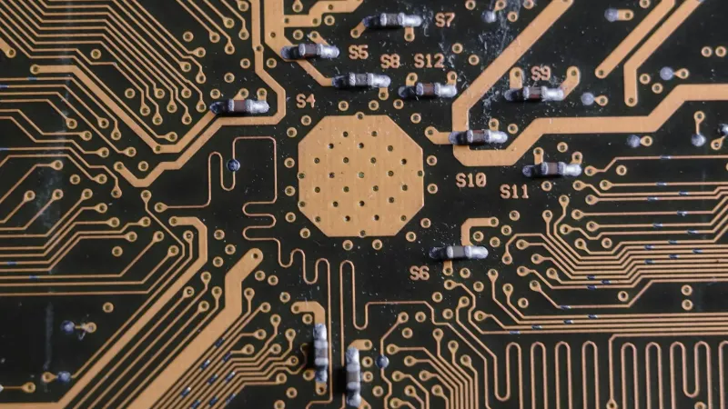 Imagen detallada de una placa de circuito impreso que destaca vías y componentes electrónicos.