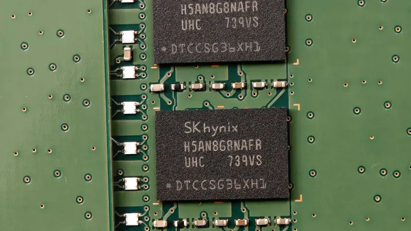 Detailed view of SK hynix DRAM chips on a green circuit board featuring electronic components.