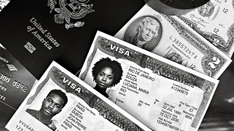 A black and white composition of a US passport, visas, and currency, showcasing travel essentials.