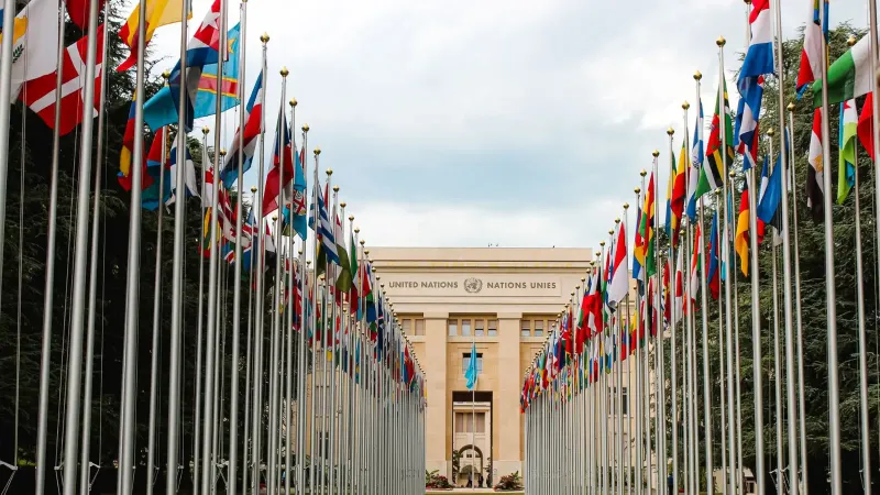 From below of various flags on flagpoles located in green park in front of entrance to the UN headquarters in Geneva