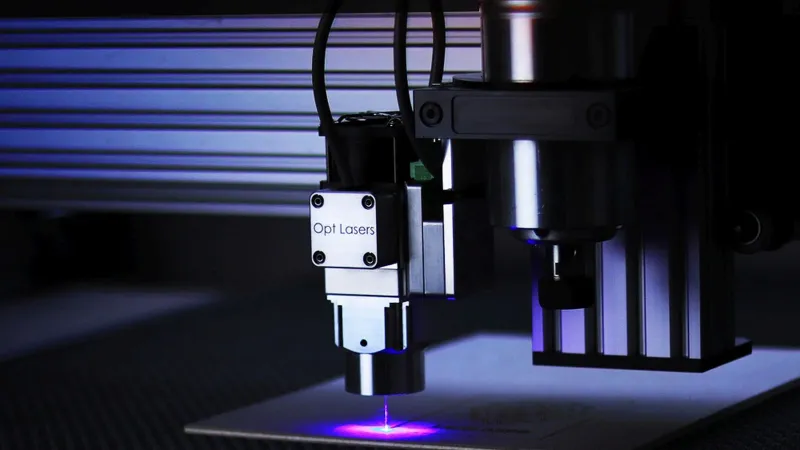Close-up of cutting-edge laser engraving machine in a precision manufacturing process.