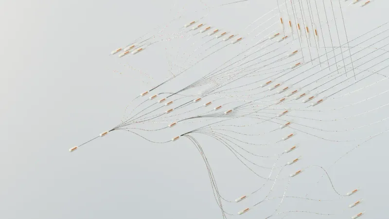 Abstract illustration depicting complex digital neural networks and data flow.