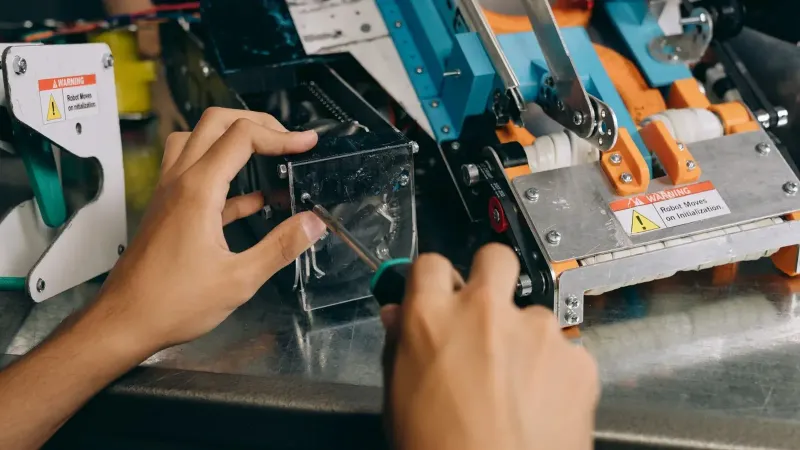 Manos de un técnico reparando maquinaria robótica con herramientas de precisión en un banco de trabajo.