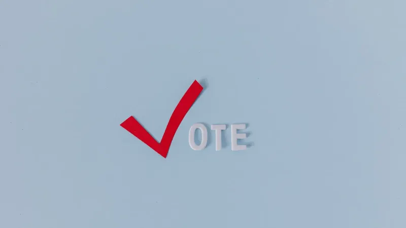 Red check mark with the word "VOTE" on a blue background, symbolizing election participation.