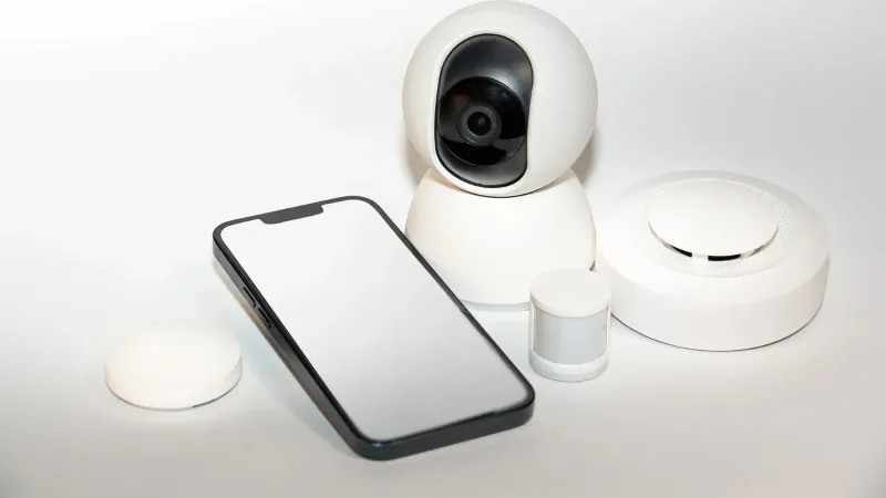 Collection of smart home security gadgets with a smartphone display.