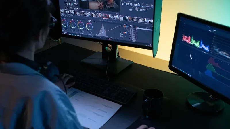 Un editor de video que usa monitores duales para editar imágenes en un estudio con poca luz.