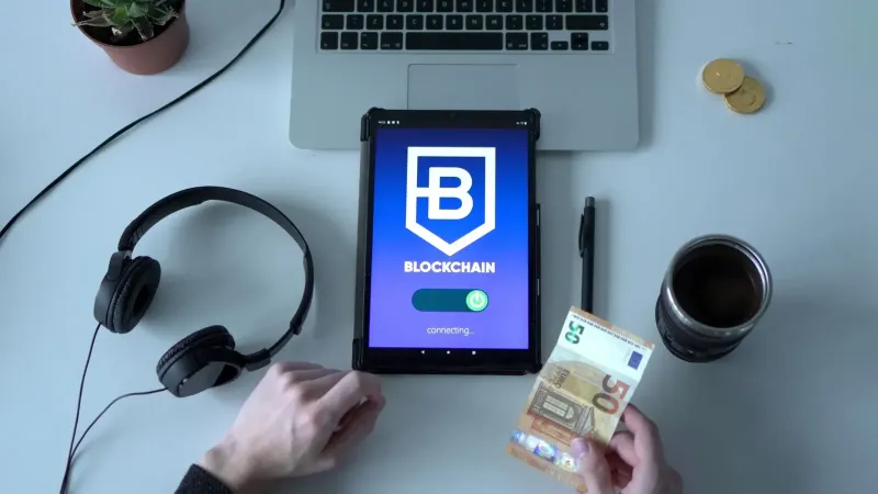Vista aérea de la tableta digital con la aplicación blockchain, el efectivo y las herramientas tecnológicas en el escritorio.