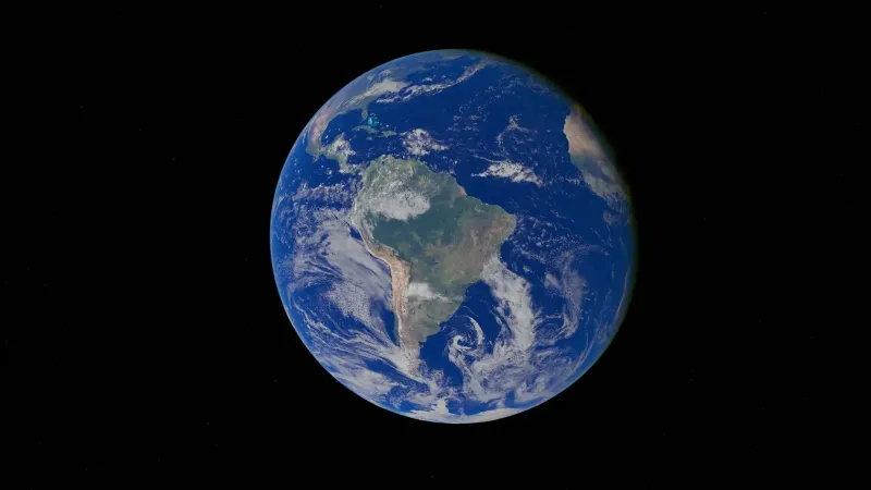 Satellite image of Earth highlighting South America, showcasing the blue planet from space.