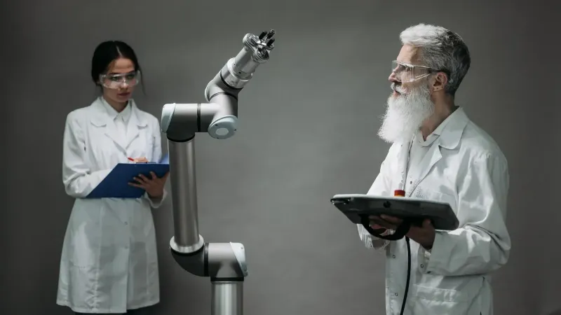 Two scientists working with a robotic arm in a lab setting, focusing on innovation and technology.